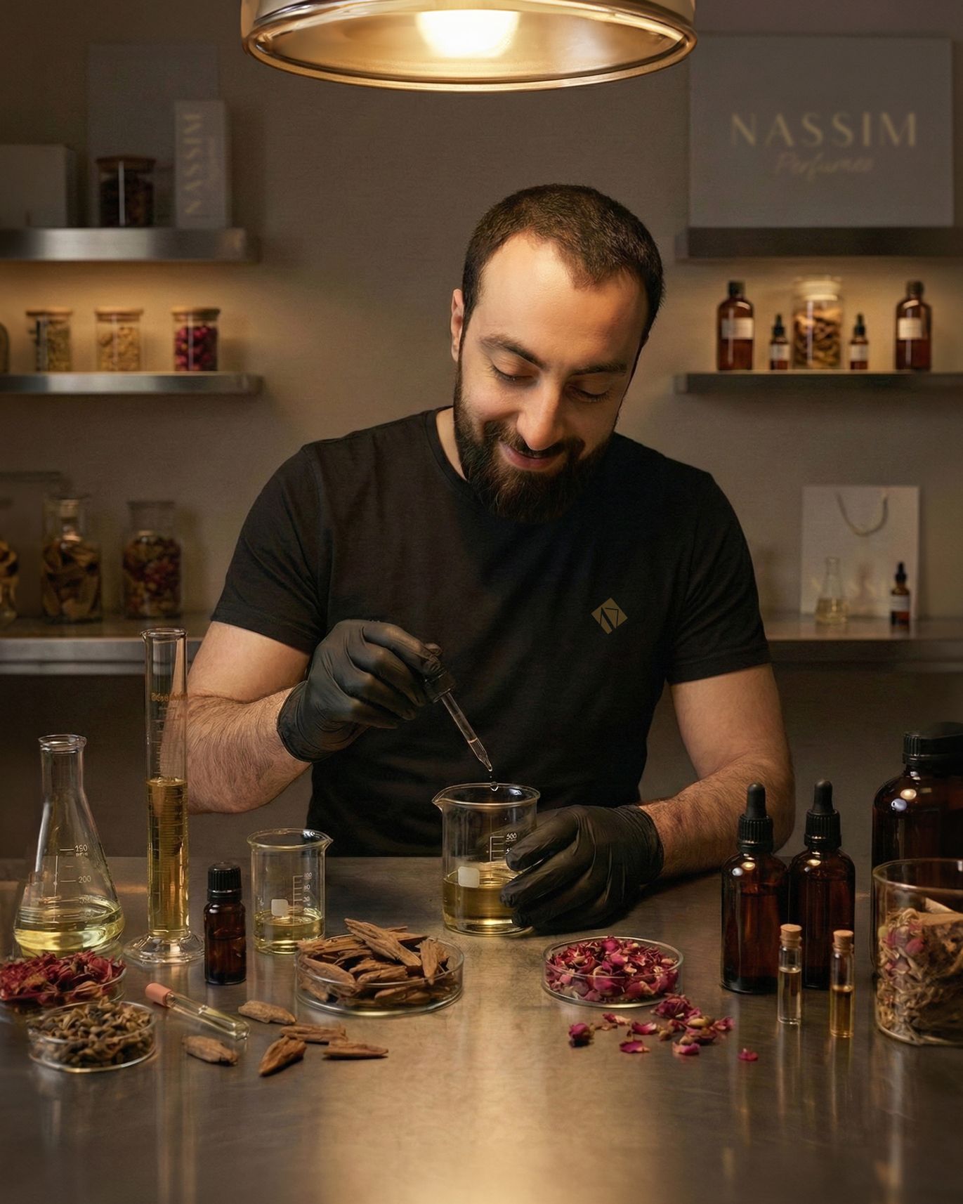 A Nassim perfumer blending fragrance oils at the studio bench